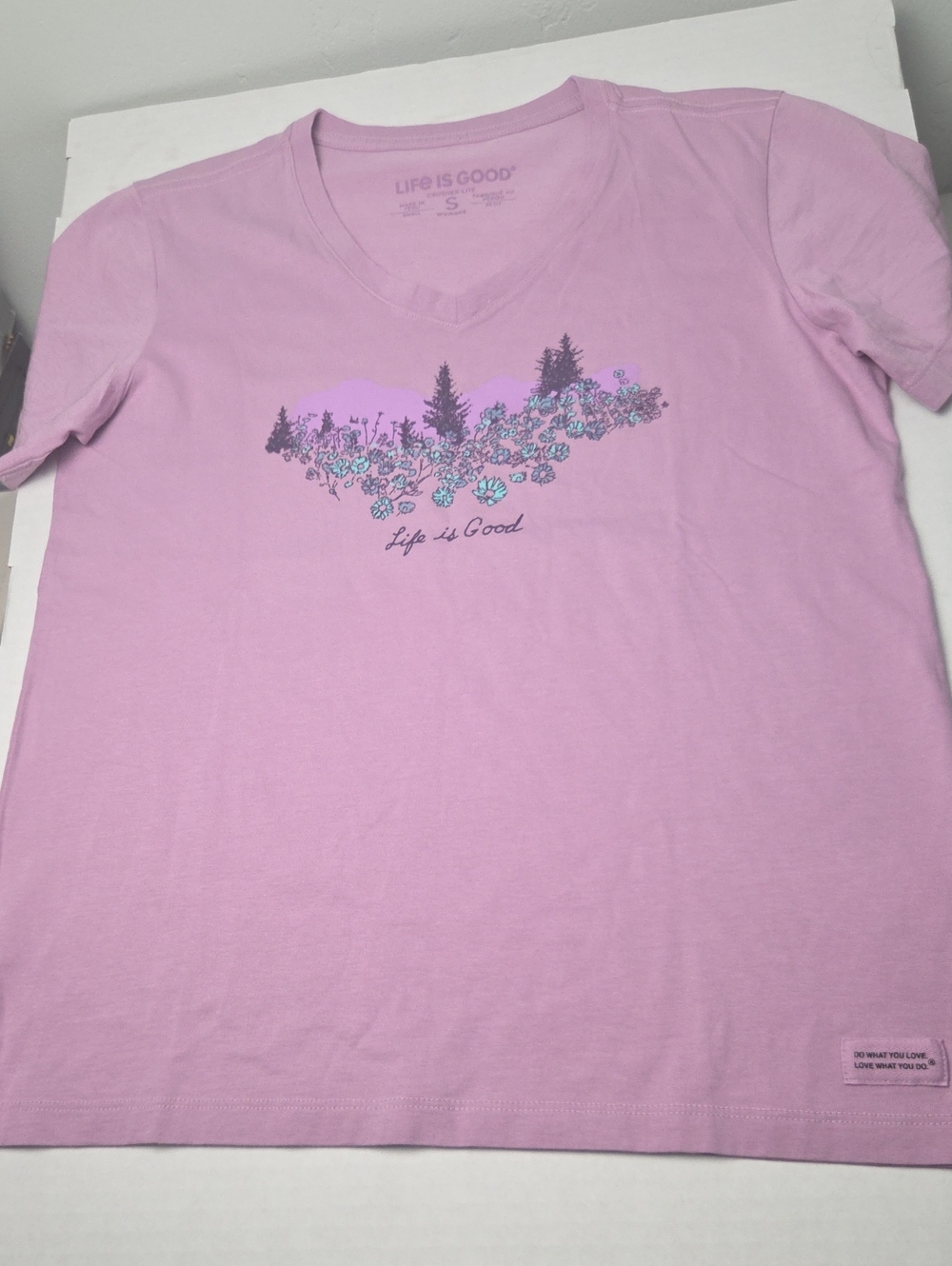 Life Is Good V-Neck Tee with Floral Tree Graphic